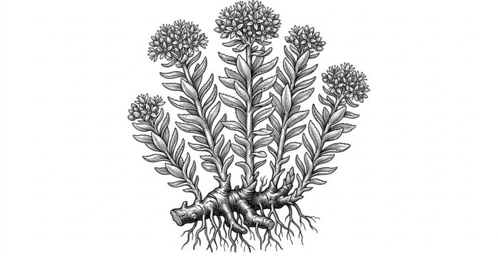 Rhodiola rosea or golden root vector illustration. Hand drawn medicinal plants in sketch style