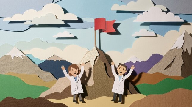 Paper craft mountain landscape with two happy scientists celebrating at summit under red flag, layered clouds and distant peaks in pastel colors