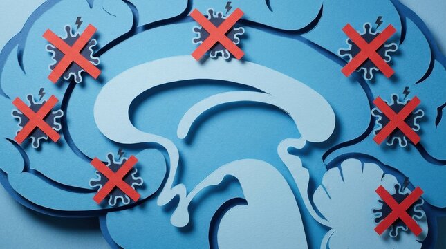 Paper cut brain illustration with red crossed virus icons indicating infection prevention and neurological protection, conceptual medical health imagery with blue layered anatomy