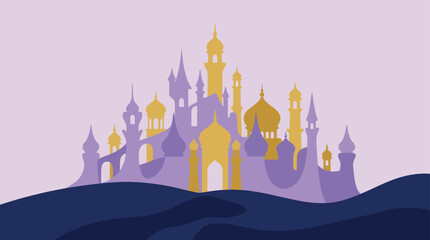 Stylized purple palace silhouette with domes and minarets. © sye