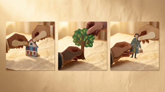 Paper cutout hands placing cardboard house, tree and person on crumpled paper surface conveying family, home, environment and protection feelings in warm light