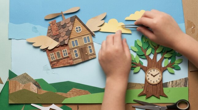 Flying wooden house with paper wings and craft tree clock being assembled by hands, whimsical handmade landscape scene with scissors and tweezers, playful creative concept