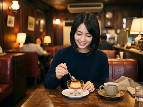アンティーク調の喫茶店でガラス器のプリンを味わう女性