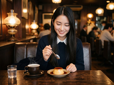 レトロな喫茶店でプリンを食べる笑顔の女性