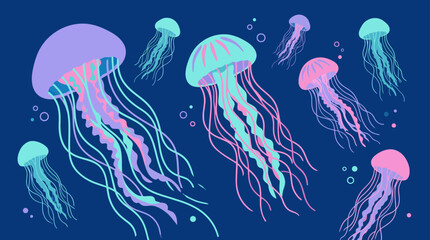 Colorful jellyfish floating in deep blue ocean water. © sye