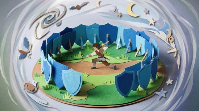 Young archer practicing with bow inside circular shield formation, paper craft scene with layered cutout textures, whimsical stars and moon elements, dynamic posture and earthy color palette