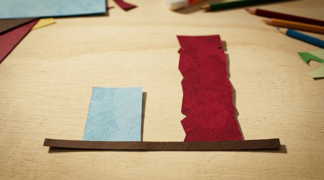 Blue paper rectangle and red textured paper strip arranged on wooden table with brown base strip and colored pencils nearby, craft scene showing simple abstract shapes and warm lighting