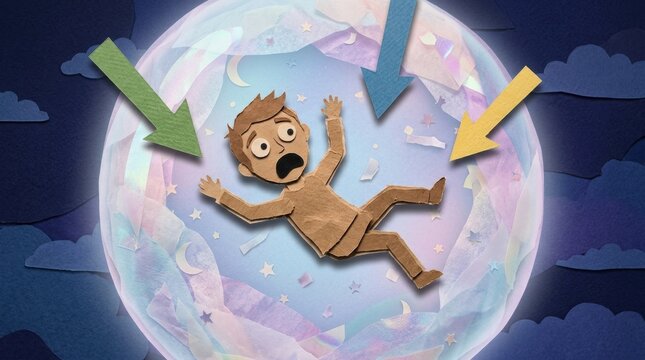 Cardboard person falling inside translucent bubble with colorful paper clouds and arrows indicating impact, anxious expression and whimsical night sky mood