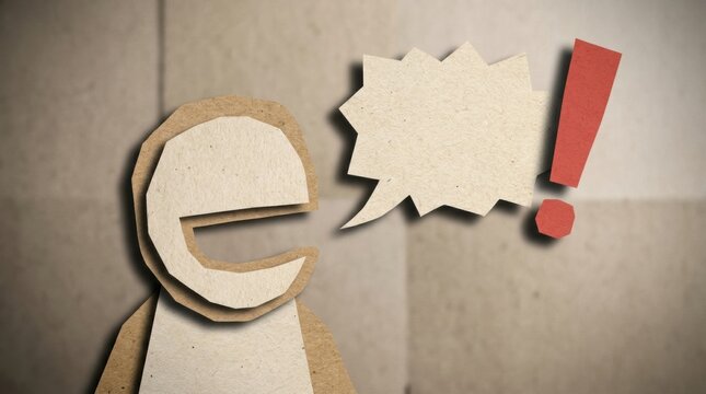 Cardboard character with speech bubble and exclamation mark expressing surprise or idea in paper craft scene, textured paper layers and soft shadow lighting