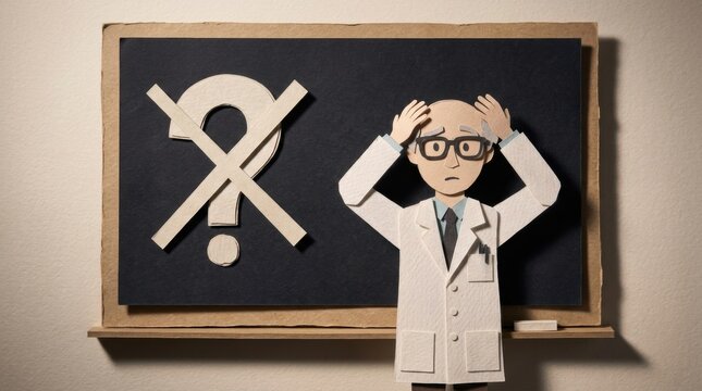 Confused scientist in paper cutout style holding head in front of chalkboard with crossed question mark symbol, dramatic lighting conveying uncertainty and concern