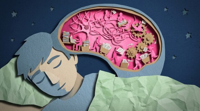 Sleeping person with layered paper cutaway brain showing tiny figures reading, typing and turning gears in dreamlike creative process