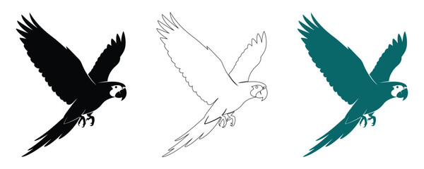 Naklejka premium Parrot flight variations black silhouette line art teal graphic design elements