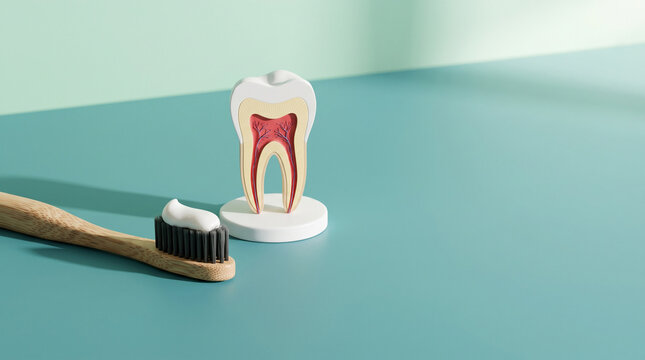 Anatomic tooth model with eco-friendly bamboo toothbrush on teal background. Concept for dental care and education.
