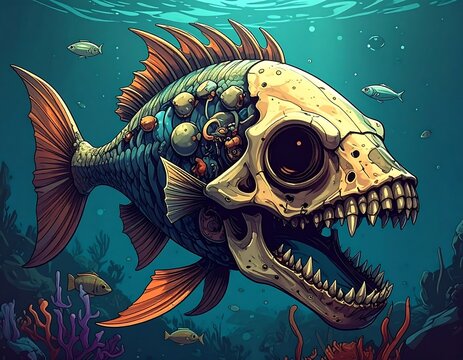 A fish with a skeletal head swims through a vibrant underwater scene