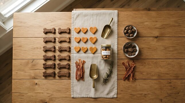 Overhead view of assorted homemade dog treats arranged on a rustic wooden table, including bone shaped cookies, heart shaped biscuits, and jerky strips
