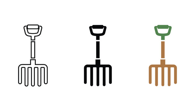 Garden rake icon set with three variations including outline silhouette and flat color design for landscaping and agricultural tools