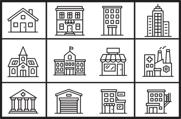 Fototapeta premium set of buildings line icons vector 