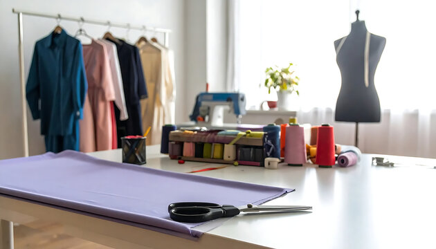 A sewing workspace with fabric, threads, and mannequin for garment creation indoors