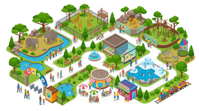 Zoo Park Animals and Visitors in Colorful Isometric Vector Style