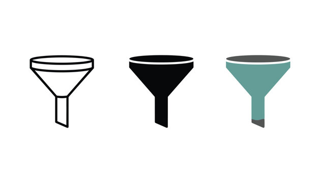 Kitchen funnel icon set featuring outline solid black and flat color versions for cooking tools and laboratory equipment