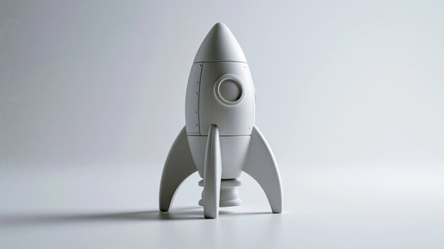 Best stock photo style of a small white rocket ship model standing upright on a clean white surface, minimalist product still life, dark subtle shadow, copy space, clean white bala