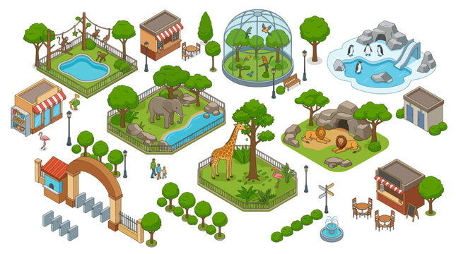 Zoo Park Animals and Visitors in Colorful Isometric Vector Style