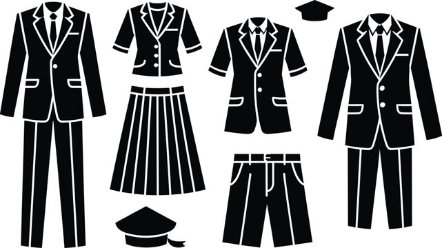 School uniform vector icon set showing formal black silhouette suits blazers trousers skirts shorts and student caps for dress code