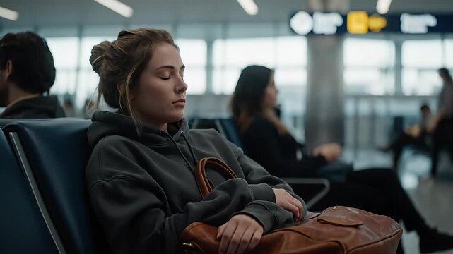 A tired woman rests at an airport, conveying a sense of travel fatigue.