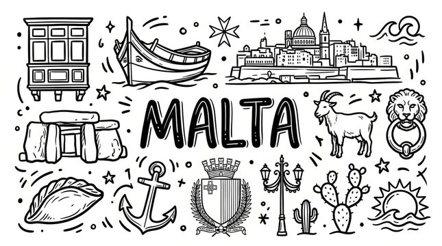 Malta Island Travel Landmarks in Black and White Hand Drawn Doodle Style