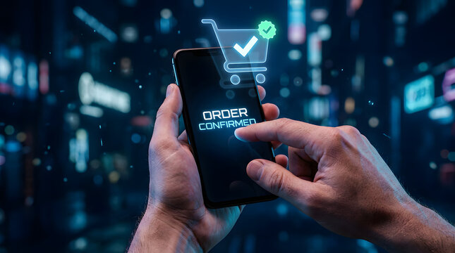 Hands Holding Smartphone with Order Confirmed Screen Digital Shopping Concept