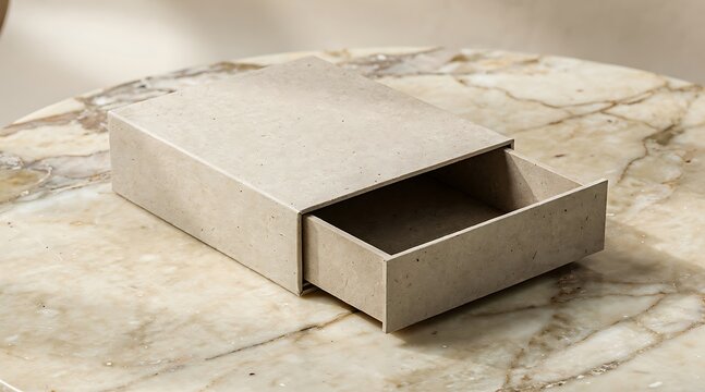 Elegant beige sliding box partially open on a marble surface.