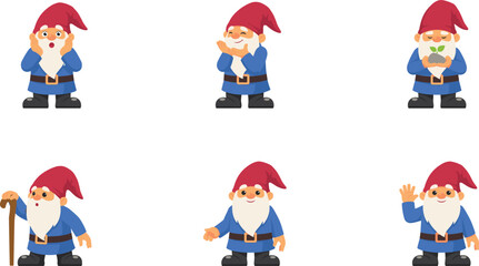 Fototapeta premium Cute Garden Gnome Cartoon Character Mascot Set with Various Poses Actions and Expressions for Fairytale Books Backyard Landscaping and Gardening Graphic Designs