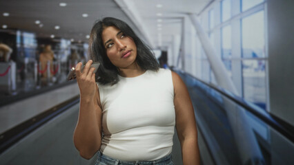 Fototapeta premium Woman holding smartphone to ear with hand on airport moving walkway, head tilted with weary expression and closed eyes while standing near gate; bored waiting.