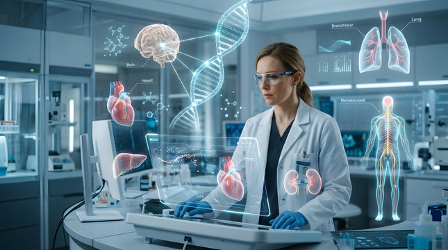 Medical researcher analyzing holographic human organs in modern laboratory