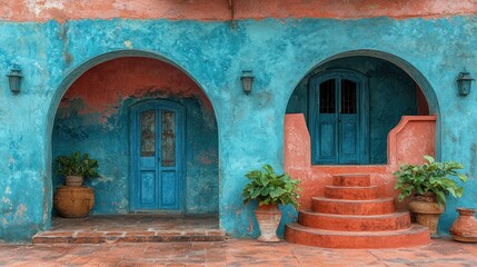 Fototapeta premium Colorful arches, plants, doors, walls, and stairs