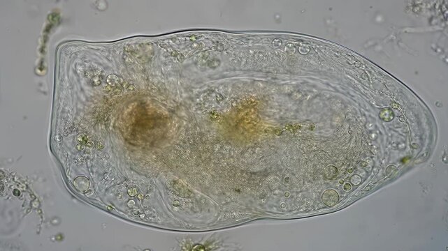 Microscopic transparent rotifer and aquatic microorganism with visible cilia and internal structures in water biology study of microscopic protozoan