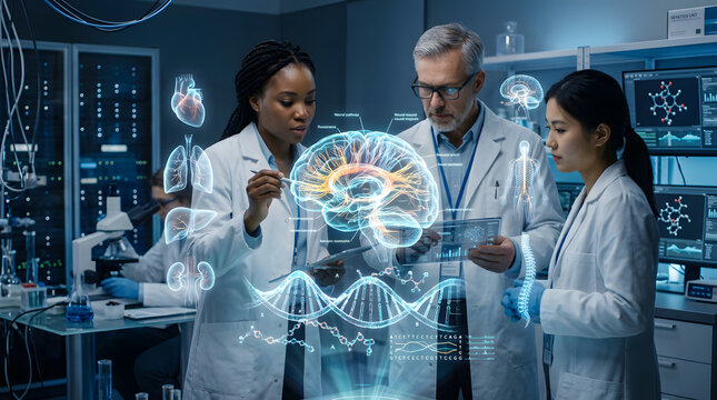 Medical researchers analyzing digital brain scan in modern laboratory