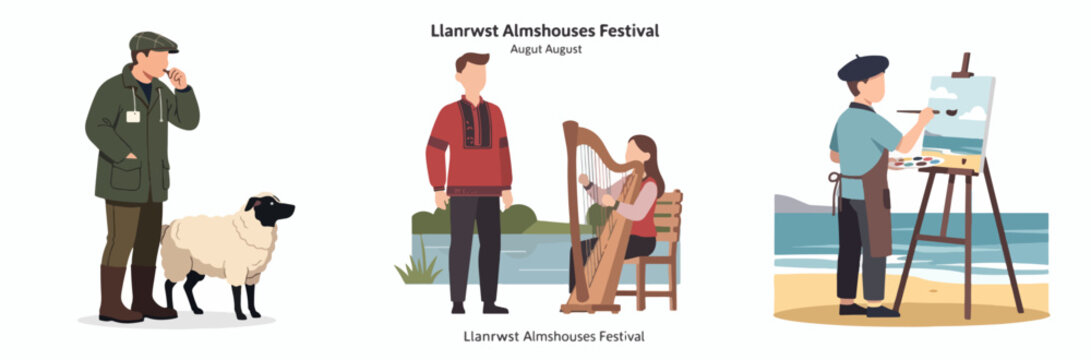 Llanrwst Almshouses Festival with harpist, shepherd, and artist illustrations