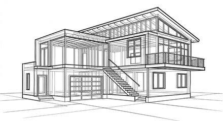 Fototapeta premium Modern House Wireframe Construction Sketch with Staircase Balcony and Structural Frame 