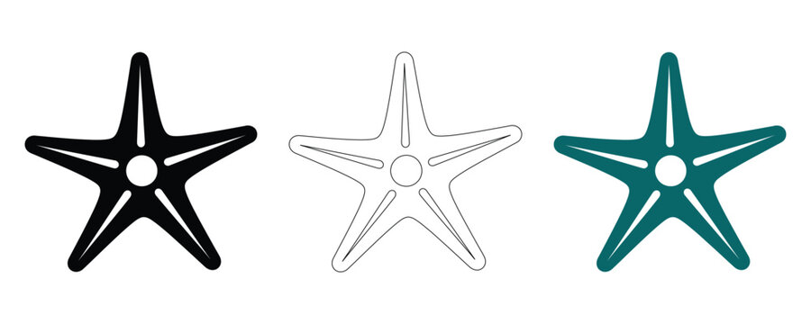 Starfish trio black silhouette line art and teal flat design vector illustration