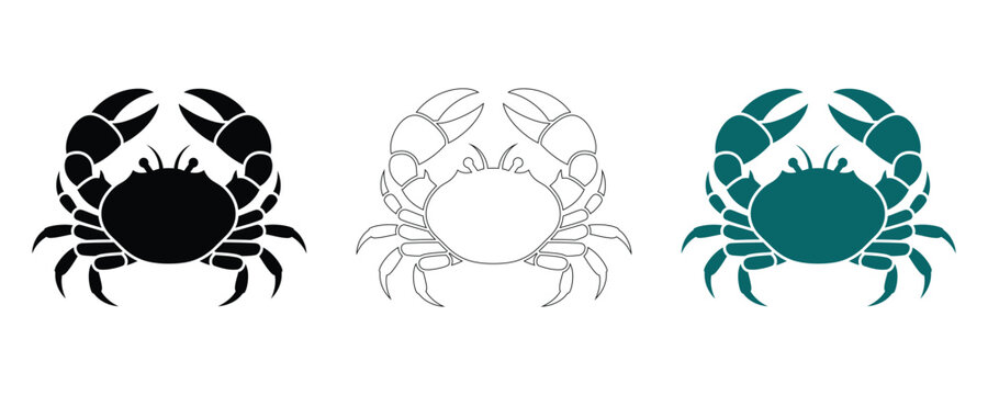 Crab illustrations set black outline teal marine life graphic elements