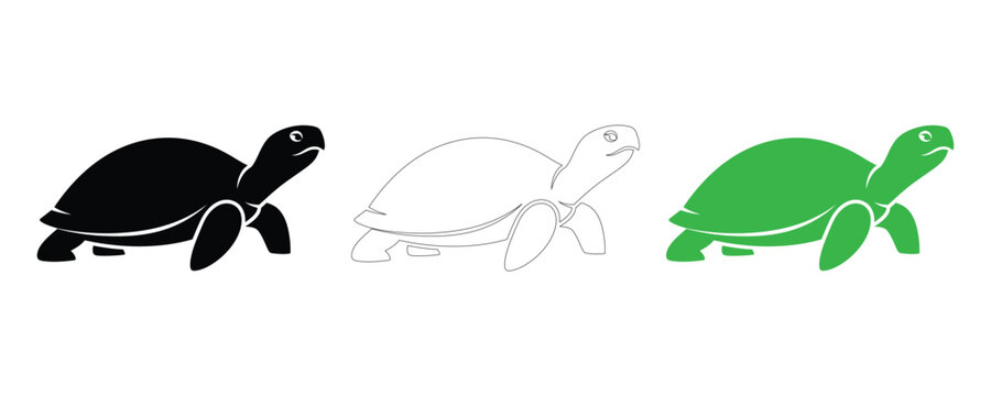 Turtle trio black outline and green vector illustrations for diverse design needs
