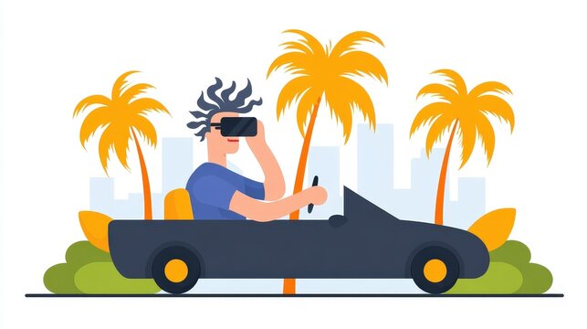Young man enjoying virtual reality experience in convertible car with palm trees