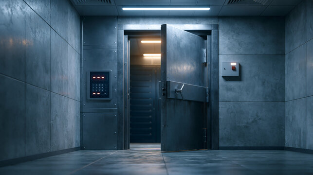 Secure server room door with programmable electronic access panel, blinking status lights, heavy steel door slightly ajar revealing dim interior glow, industrial engineering enviro