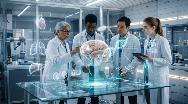 Medical researchers collaborating around holographic human brain in modern laboratory