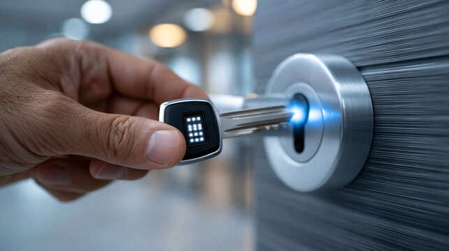 Hand turning electromechanical key with visible embedded electronic module in high-security door lock, soft blue confirmation glow at key bow, modern office door background, clean