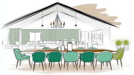 Fototapeta premium Modern dining room with elegant chandelier and large round table landscape