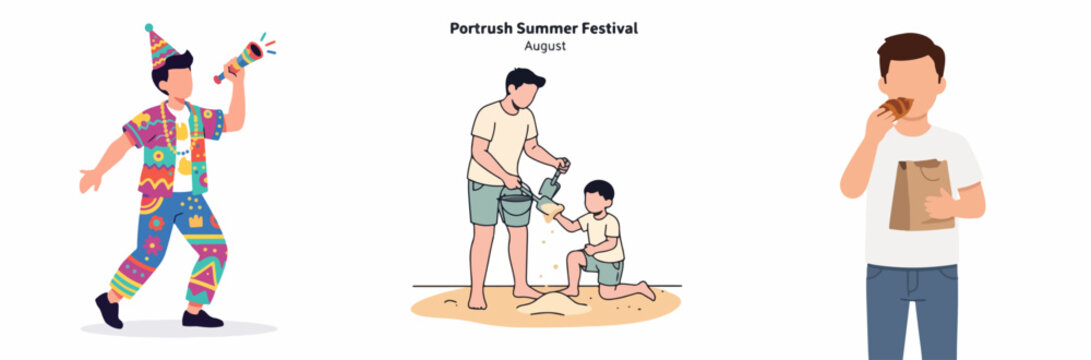 Colorful summer festival celebration with party clown, beach activity, and snack