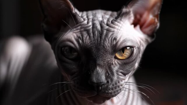 Close-up portrait of a hairless sphynx cat with striking eyes against a dark background