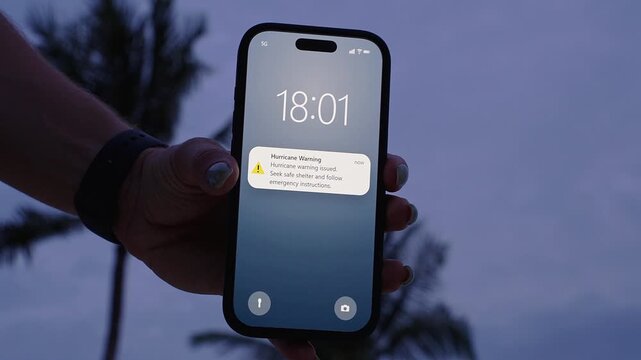 Hand Holds a Smartphone With a Hurricane Warning Against Windblown Palm Trees and a Dark Stormy Sky, Emergency Alert, Danger and Severe Weather